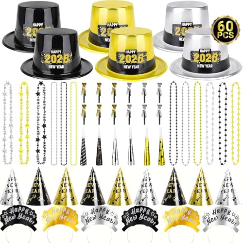 Bdecoll 60 Stück Silvester Deko 2026 Party Set, Schwarz Gold Silber Happy New Year Neujahr Partyhüte,Blowers,Silvester Partytröten für Neujahrdeko 2026 Party Accessoire von Bdecoll
