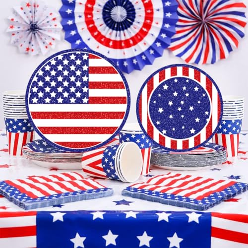 Bdecoll 65-teiliges Party-Set USA 16 Gäste USA 4. Juli Amerikanische Party Geschirr Set für Amerikanische Flagge - Teller Becher Servietten USA BBQ Papierware Dekoration von Bdecoll
