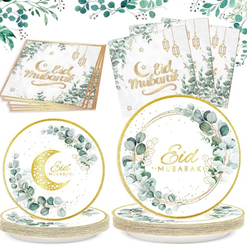 Bdecoll 75 pcs Eid Mubarak Re-usable Paper Geschirr Set für Ramadan Mubarak Tischdekorationen Ramadan Dessertteller Eid Party Servietten Teller für Ramadan Party von Bdecoll