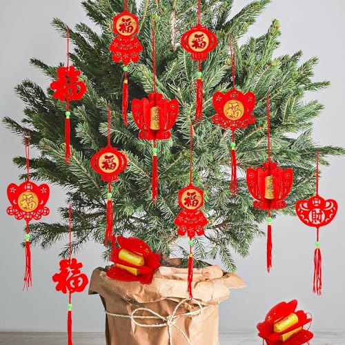 Chinesisches Neujahr Deko Mini-roter chinesischer Knoten-Anhänger, traditionelle Glücks-Ornamente für Neujahr, Zuhause, Büro, Auto, Baum, Frühling, Dekorationen (M, Rot, 36) von Bdecoll
