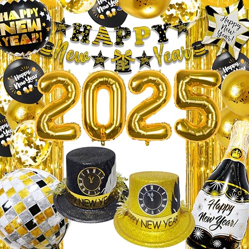 Schwarz Gold Deko 2025 Set, Silvester XXL Dekoration, Neujahr Golddeko Huts, Happy New Year Banner, Foil Ballons von Bdecoll