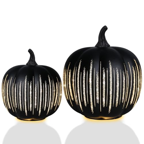 Bdor Halloween-Kürbis-Dekorationen, 2-teiliges LED-Kürbis-Set mit goldenen Streifen, 22 cm und 17 cm, beleuchtete Herbstdekoration für Tisch, Zuhause, Party Bdor Halloween-Kürbis-Dekorationen, 2-teiliges LED-Kürbis-Set mit goldenen Streifen, 22 cm und 17 cm, beleuchtete Herbstdekoration für Tisch, Zuhause, Party von Bdor