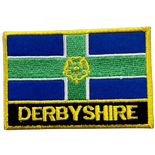BeBuz Aufnäher mit UK-Flagge von County, 9,5 cm x 6 cm, bestickt, zum Aufbügeln oder Aufnähen, strapazierfähiger Stoff, Applikation für Jacken, Rucksäcke, Hüte und Kleidung (Derbyshire) von Be Buz