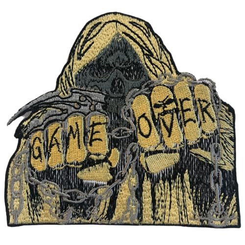 Bebuz Game Over Hooded Skull Embroidery Iron on Patches for Clothing Sew-On Applique for DIY Crafts Denim Jackets Jeans Backpacks von Be Buz