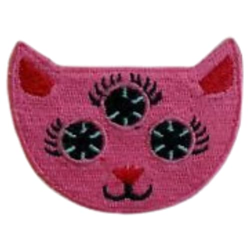 Bebuz Rosa Katze Drei Augen Tier Stickerei Bügelflicken für Kleidung Aufnähen Applikation für DIY Handwerk Denim Jacken Jeans Rucksäcke von Be Buz