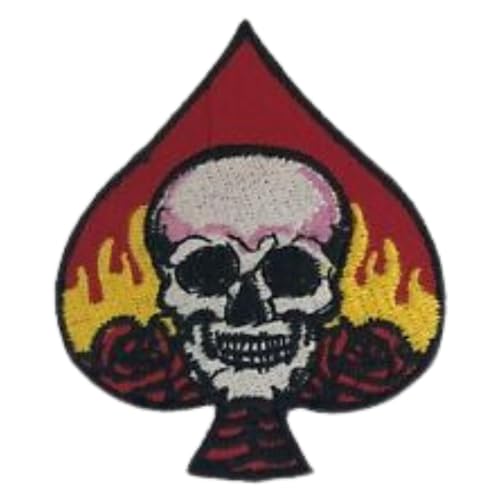 Bebuz Totenkopf auf Feuer im Pik-Ass Abzeichen Stickerei Bügelbilder für Kleidung Aufnäher Applikation für DIY Handwerk Denim Jacken Jeans Rucksäcke von Be Buz