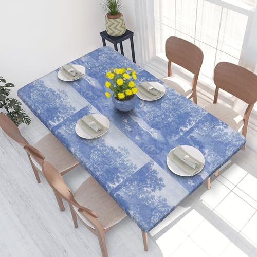 Tischdecke, wasserdichte Tischdecke mit elastischen Kanten, 1,2 m für die Küche, Toile Blue Toile De Jouy von BeNtli