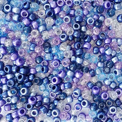 Midnight Sky Mix Blau-Violette Pony-Perlen, hergestellt in den USA, 6 x 9 mm, Kunststoffperlen für Banner, Konzert-Festival-Armbänder, Halsketten, Schlüsselanhänger und Schmuck, Haarflechten, Kunst von Bead Bee