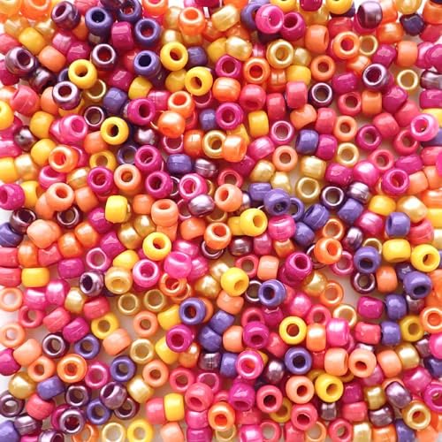 Tropischer Sonnenuntergang-Mix-Pony-Perlen, hergestellt in den USA, 6 x 9 mm, Kunststoff-Bastelperlen für Banner, Konzert-Festival-Armbänder, Halsketten, Schlüsselanhänger und Schmuck, Haarflechten von Bead Bee