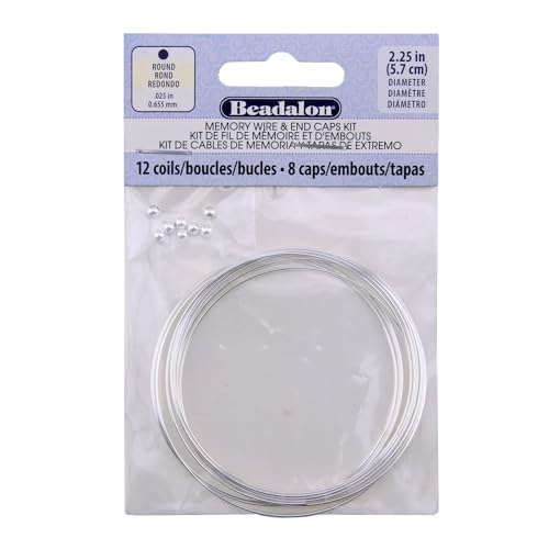 Beadalon Kohlenstoffstahl-Memory-Draht-Set, rund, versilbert, großes Armband, ca. 12 Spulen, versilberte 3 mm Memory-Draht-Endkappen, 8 Stück von Beadalon