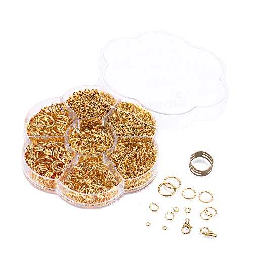 BEADIA Offene Binderinge, goldfarben, 6 Größen, 2400 Stück, mit Karabinerverschlüssen, Set für DIY-Schmuckherstellung von Beadia
