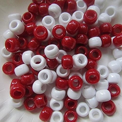 Bastelperlen 100 Stück, 9 mm x 6 mm rot/weiß, für Armband etc, Acryl, rund von Beads and Charms