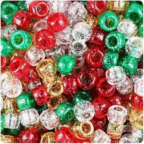 Bastelperlen 100 Stück, 9 mm x 6 mm Weihnachtsperlen in Rot/Grün/Gold/Silber, Acryl, Kunststoff, rund von Beads and Charms