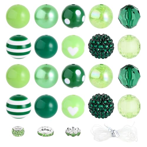 35 Stück grobe Kaugummi-Perlen, 20 mm, große Strass-Perlen mit großem Loch, europäische Abstandshalter für DIY, Perlen, Stifte, Schule, Schmuckherstellung, Schlüsselanhänger, Basteln (grün) von Beadtales