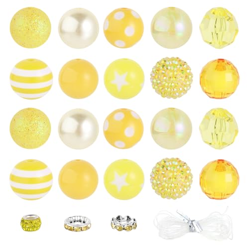 35 Stück grobe Kaugummi-Perlen, 20 mm, große Strass-Perlen mit großem Loch, europäische Abstandshalter für DIY, Perlen, Stifte, Schule, Schmuckherstellung, Schlüsselanhänger, Handwerk (gelb) von Beadtales