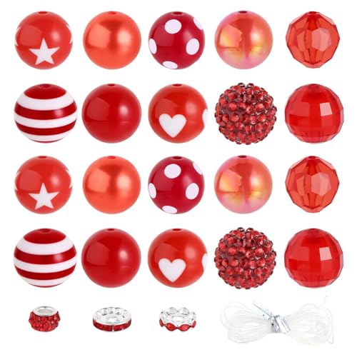 35 Stück grobe Kaugummi-Perlen, 20 mm, große Strass-Perlen mit großem Loch, europäische Abstandshalter für DIY, Perlen, Stifte, Schule, Schmuckherstellung, Schlüsselanhänger, Handwerk (rot) von Beadtales