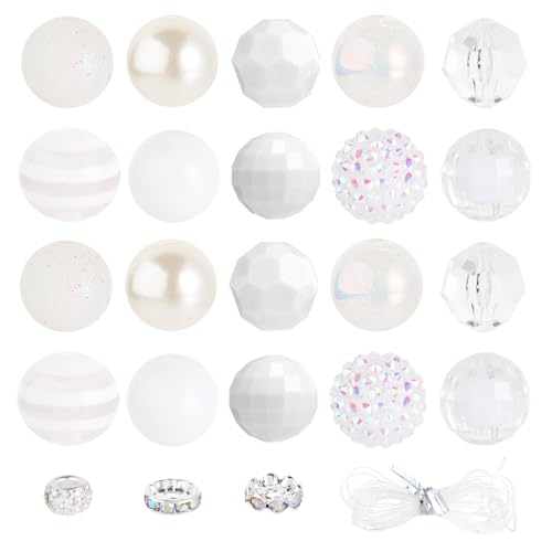 35 Stück grobe Kaugummi-Perlen, 20 mm, große Strass-Perlen mit großem Loch, europäische Abstandshalter für DIY, Perlen, Stifte, Schule, Schmuckherstellung, Schlüsselanhänger, Handwerk (weiß) von Beadtales