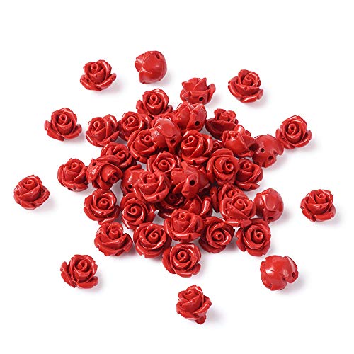 Beadthoven 50 Stück rote Rose Cinnabar Perlen Detail geschnitzte Blume Spacer Perlen 10 mm Rosenblüten Link Charms Perlen für Valentinstag Schmuckherstellung Hochzeit Dekoration Loch: 1,5 mm von BB Beadthoven