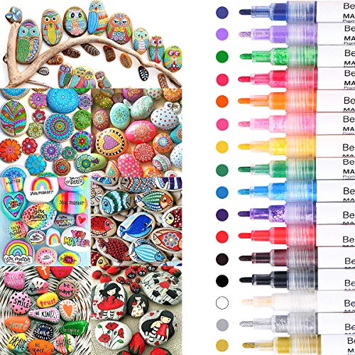 Acrylstifte für Steine, 16 Farben Wasserfest Permanent Marker Steine Bemalen Stifte Acrylfarben Stifte für Leinwand Leder Papier Glas Holz Kunststoff Keramik Metall Kinder DIY Fotoalbum von Beager