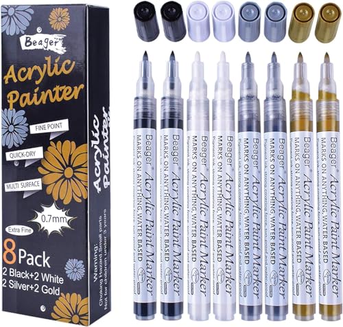 Schwarz Weiß Gold Silber Acrylstifte, 0,7mm Permanent Marker Stifte Wasserfest Acrylfarben Stifte Steine Bemalen Stifte für Steine Keramik Holz Metall Papier Glas Stoffe Kunststoff Leder DIY 8 Pack von Beager