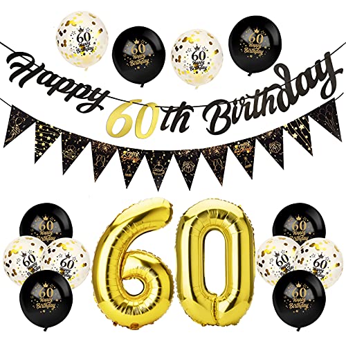 Beainfir Deko 60 Geburtstag Frauen Männer Schwarz Gold mit 1 Happy Birthday Girlande, 1 Wimpelkette Banner, Folienballon Zahl 60, 6 Luftballons Schwarz, 6 Konfetti Ballon, für Mann Frau von Beainfir