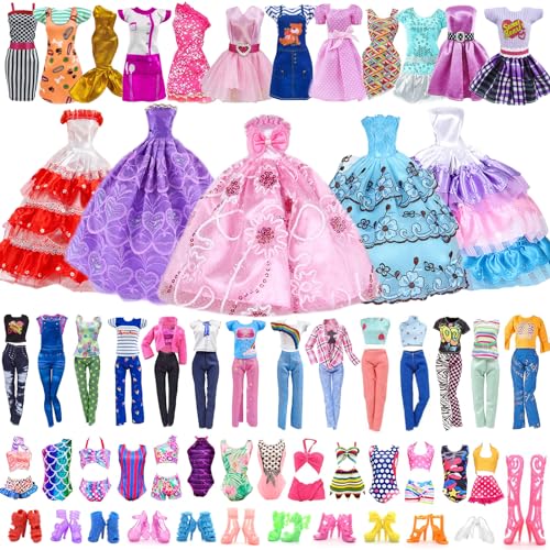 50 Stück Kleidung und Zubehör für Puppen von 11,5 Zoll, bestehend aus 3 Prinzessinnen-Kleidern + 10 Kleidern + 6 Oberteil+6 Hosen+5 Bikinis+5 Zubehör+5 Taschen+10 Paar Schuhe (zufälliger Stil) von Beamely
