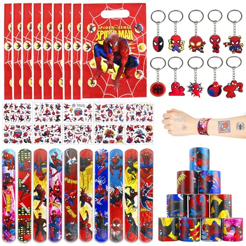 Party Mitgebsel Kindergeburtstag, 40 Stück Avenger Spielzeuge mit Slap Armbänder, Aufklebern, Schlüsselanhänger, Candy Tüten für Jungen MädchenGeburtstagsgeschenk Favors (Rote Spinne) von Beamely