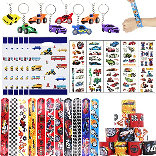 Beamely Party Mitgebsel Kindergeburtstag, 40 Stück Rennwagen Spielzeuge mit Slap Armbänder, Aufklebern, Schlüsselanhänger, Candy Tüten für Jungen MädchenGeburtstagsgeschenk Favors von Beamely