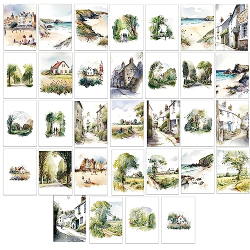32 x Grußkarten mit britischem Motiv, Aquarelllandschaft, Blanko, Landschaft (britische Landschaft, Strände und Parks) von Bear and Bee