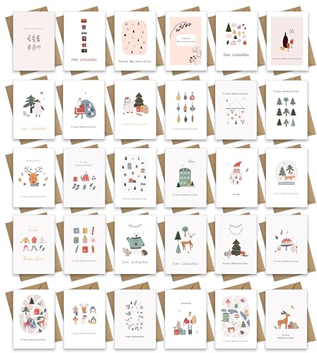 Weihnachtskarten mit Umschlag Set - 30 verschiedene Designs Klappkarten Weihnachtsgrußkarten von Bear and Bee