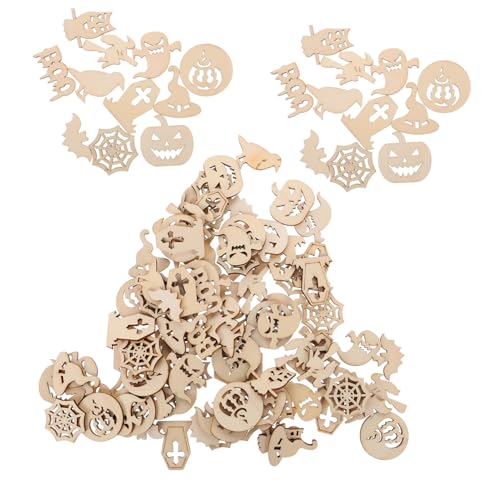 Beatifufu 100 Stück Teiliges Halloween Deko Holzstücke Kreative DIY Holzscheiben für Basteln und Partydeko Langlebige Holzornamente für Halloween Feier und Heimdekoration von Beatifufu