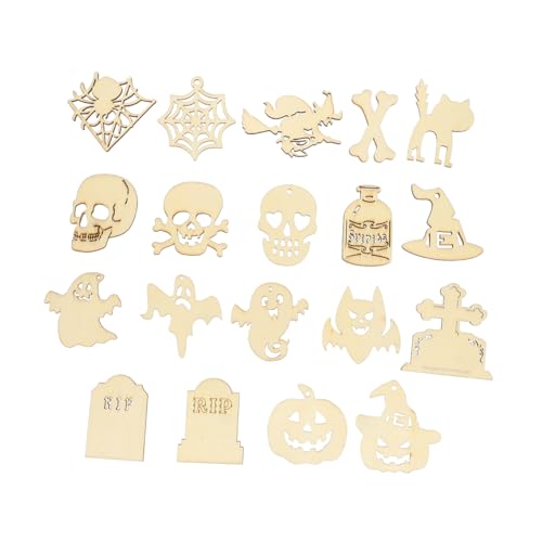 Beatifufu 50 Stück Teiliges Halloween Holzanhänger Unbemalte Dekoanhänger aus Holz Robuste DIY Bastelornamente für Tür Fenster und Wanddekoration Vielfältige Stile für Halloween von Beatifufu