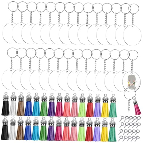 Beatifufu DIY Schlüsselanhänger Set Teilig Acrylrundscheiben mit Quasten Transparente Anhänger zum Selbergestalten Kreative Bastelidee für Personalisierte Schlüsselringe und Schmuck von Beatifufu