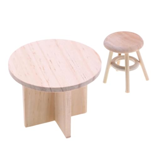 Beatifufu Miniatur Puppenhaus Möbel Set Massivem Holz Klassischer Runder Beistelltisch und Hocker Detailreich Verarbeitet Elegant und Kompakt für Tiny House Dekoration und Miniatur von Beatifufu