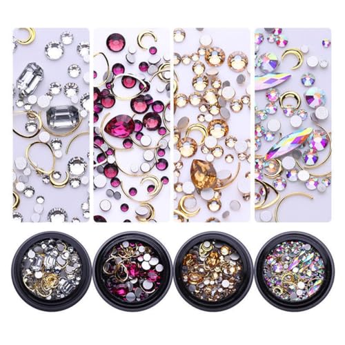 Beaupretty 4 Boxen Goldene Nail Studs mit Strasssteinen Nagelkunst Deko Verschiedene Muster Metall Nail Charms für DIY Nageldesign Glänzende Ornamente für Kreative Nägel von Beaupretty