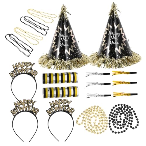 Beaupretty Neujahrs Party Deko Set mit Schwarzem und Goldfarbenem Partyhut Perlenkette Stirnband und Tröten für Silvesterfeiern und Festliche Anlässe von Beaupretty