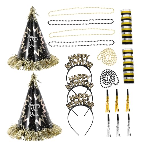 Beaupretty Year Party Dekorationsset mit Schwarzem und Goldenem Beaded Necklace Papierhut Headband und Noise Makers Stilvolles Silvester Partyzubehör für Jahreswechsel und Fotorequisiten von Beaupretty