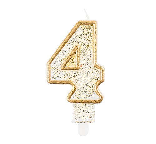 GoDan Beauty&Charm Geburtstagskerze Zahl 4 Größe 6,5 cm, Wachskerze in Weiß mit Golden Umriss und Glitzer, Zahlenkerze zur Dekoration von Geburtstagskuchen, Geburtstagstorte, Geburtstagszug, Jubiläum GoDan Beauty&Charm Geburtstagskerze Zahl 4 Größe 6,5 cm, Wachskerze in Weiß mit Golden Umriss und Glitzer, Zahlenkerze zur Dekoration von Geburtstagskuchen, Geburtstagstorte, Geburtstagszug, Jubiläum von Beauty&Charm