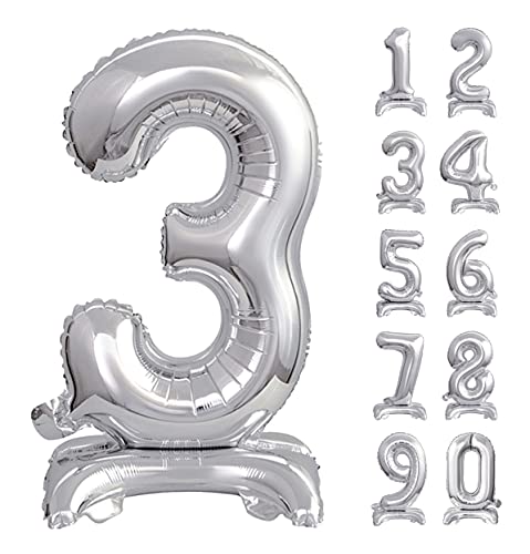 GoDan Beauty&Charm Riesige Luftballons Zahlen 0-9 zum Aufstellen auf dem Tisch 74 cm Folienballon Geburtstagsluftballons Zimmer und Raumdekoration beim Geburtstag Jubiläum Jahrestag (Zahl 3 Silber) von Beauty&Charm