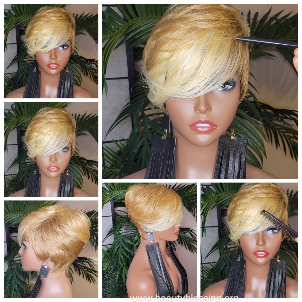 Perücke Kurze Pixie Cut Style Mit Swoop Pony Perücken Für Frauen Ombre Dirty Blonde Sandy Aschblonde Haare von Beautyblessings6