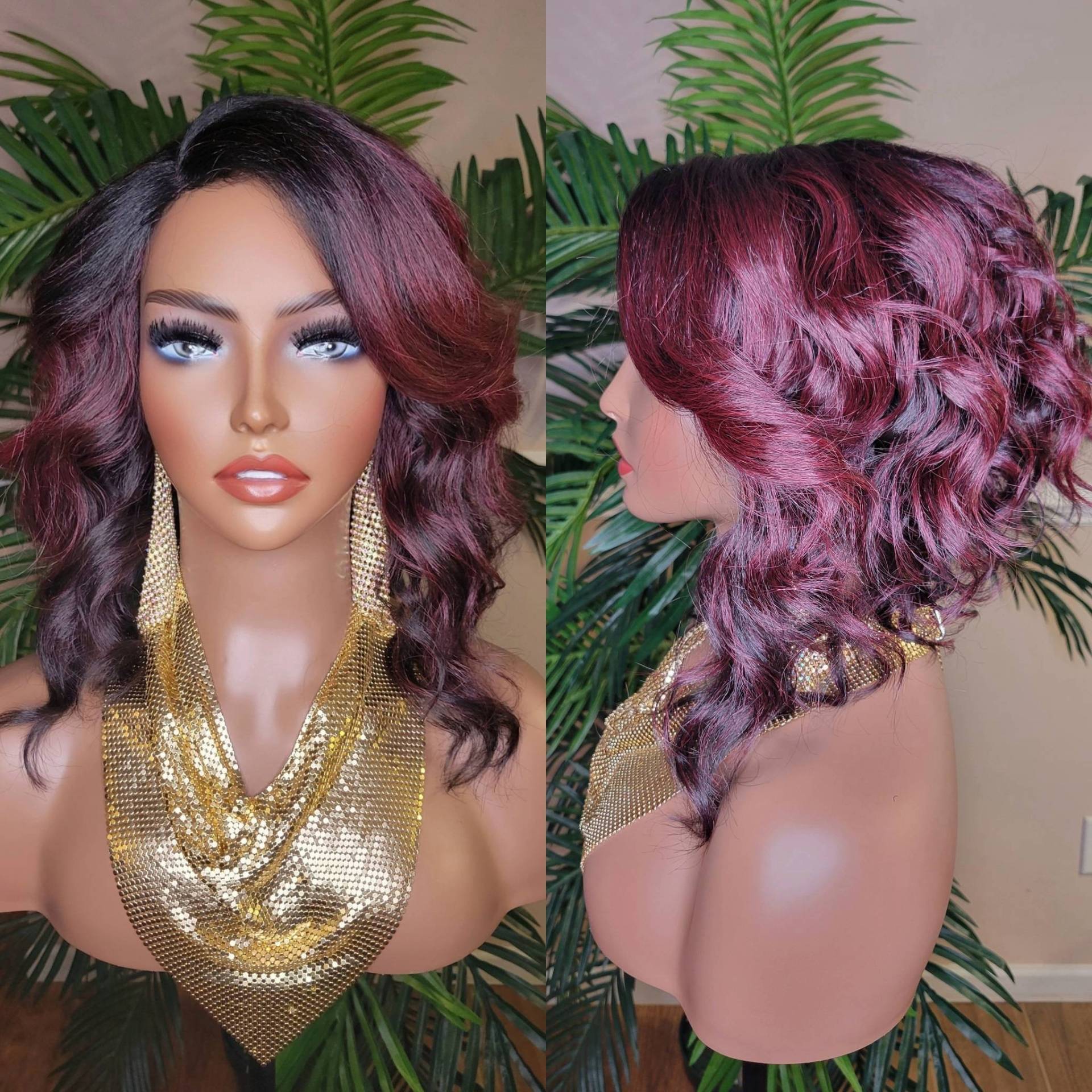 Wig Bob Style Loose Wave Pre-Cut Lace Wig Preplucked Swoop Bang Hair Ombre Burgundy Dark Wine Plum Color von Beautyblessings6