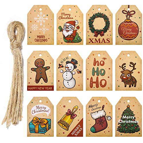 48 Stück Weihnachten Geschenkanhänger Papier Etiketten Retro Geschenke Anhänger mit 50 Stück Hanfseil für Weihnachtsbaum Präsentieren Dekoration von Becellen
