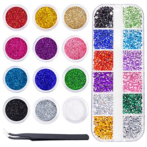 Becellen Nägel Glitzer und Strasssteine Set, 12 Farben Feine Glitzerpulver für Nagel, 2400 Stück Glitzersteine Nägel für Nail Art Nageldesign von Becellen