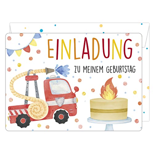 12 Einladungskarten zum Kindergeburtstag mit bedruckten Versandhüllen - Bunte Einladung zur Geburtstagsfeier – Geburtstagseinladungen – Partyeinladungen – Einladung zum Geburtstag Feuerwehr von Becker Consumer Products Germany