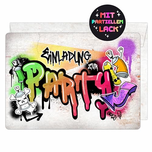 CALLUNA® 12 Einladungskarten zur Party mit RELIEFLACK und bedruckten Versandhüllen – Bunte Einladung zur Geburtstagsfeier – Partyeinladungen – Einladung zur Party – GRAFITTI von Becker Consumer Products Germany