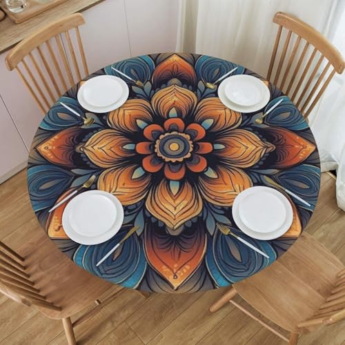 Bedbliss Runde Tischdecke mit Blumen-Mandala-Druck, mit elastischem Rand, wiederverwendbar, für den Außenbereich, runde Tischdecke für Küche, Picknick, Patry, drinnen von Bedbliss