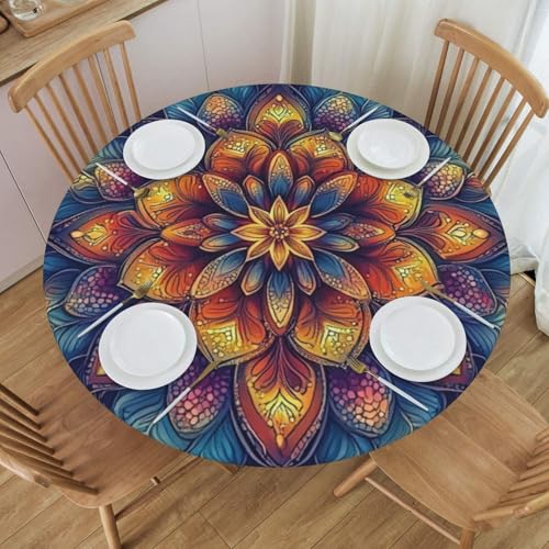Bedbliss Runde Tischdecke mit Blumen-Mandala-Druck, mit elastischem Rand, wiederverwendbar, für den Außenbereich, runde Tischdecke für Küche, Picknick, Patry, drinnen von Bedbliss