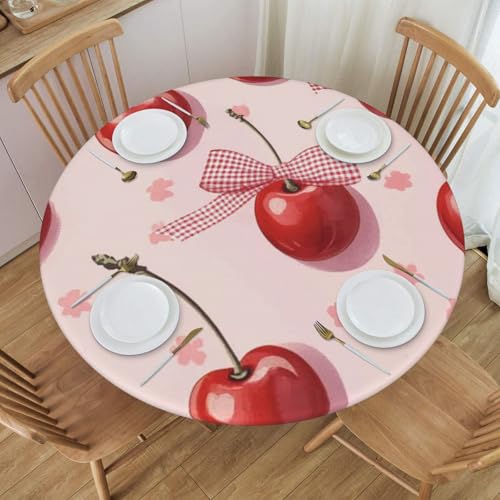 Bedbliss Runde Tischdecke mit Kirschen und Schleifen, mit elastischem Rand, wiederverwendbar, für den Außenbereich, runde Tischdecke für Küche, Picknick, Patry, drinnen von Bedbliss