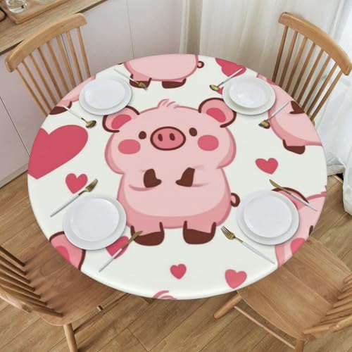 Bedbliss Runde Tischdecke mit niedlichem Schweinchen mit Herz-Aufdruck, mit elastischem Rand, wiederverwendbar, für den Außenbereich, runde Tischdecke für Küche, Picknick, Patry Indoor von Bedbliss