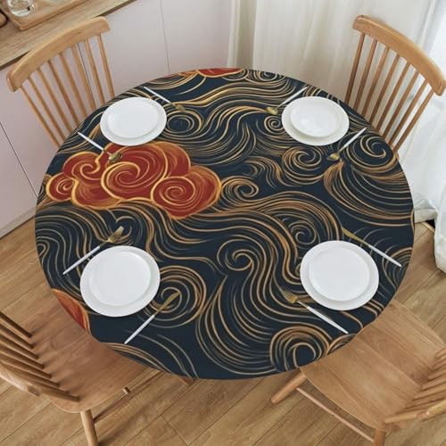 Bedbliss Runde Tischdecke mit rotem und goldenem Druck, mit elastischem Rand, wiederverwendbar, für den Außenbereich, runde Tischdecke für Küche, Picknick, Patry Indoor von Bedbliss
